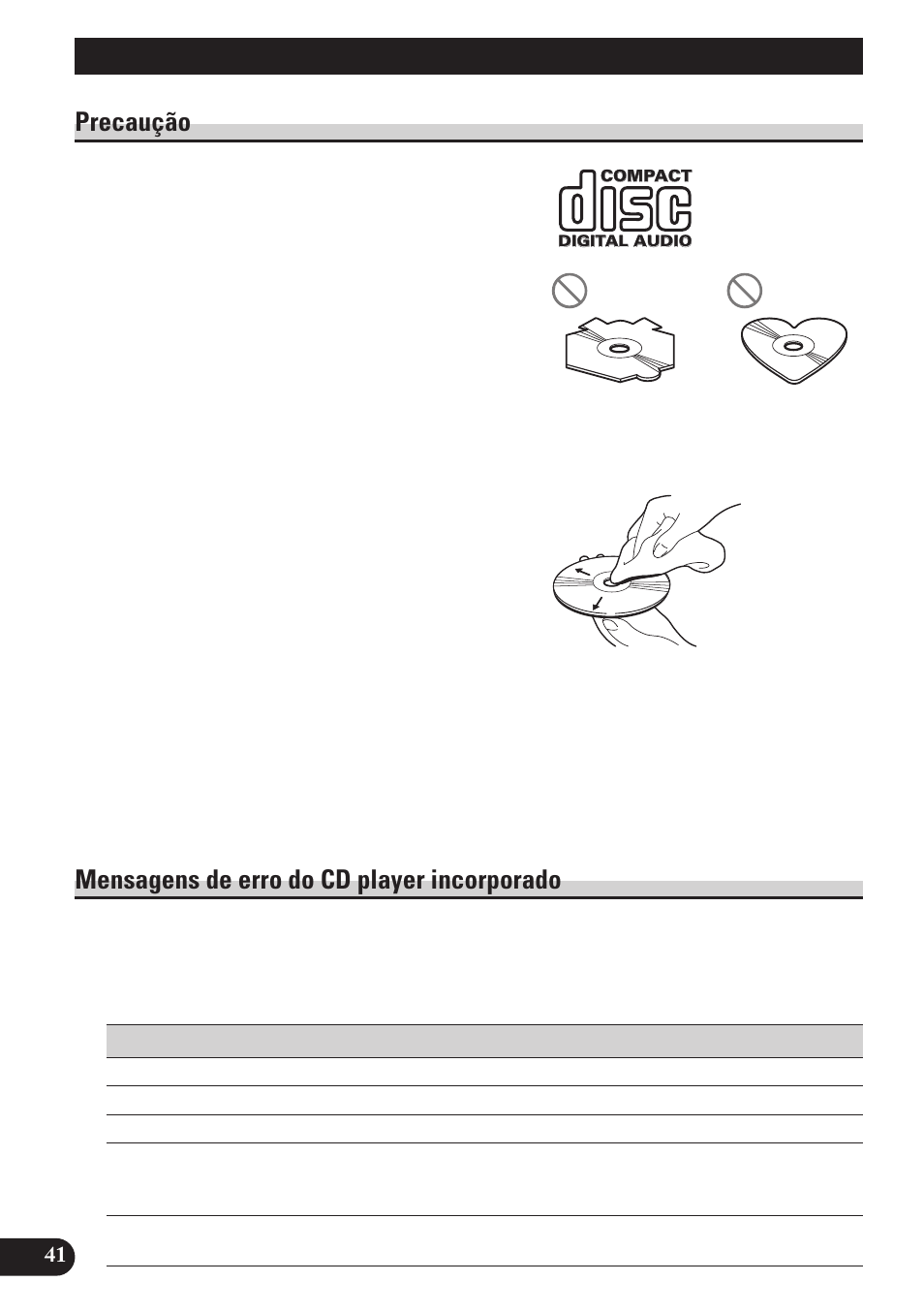 Cd player e cuidados, Precaução, Mensagens de erro do cd player | Incorporado, Mensagens de erro do cd player incorporado | Pioneer DEH-P4150 User Manual | Page 126 / 128