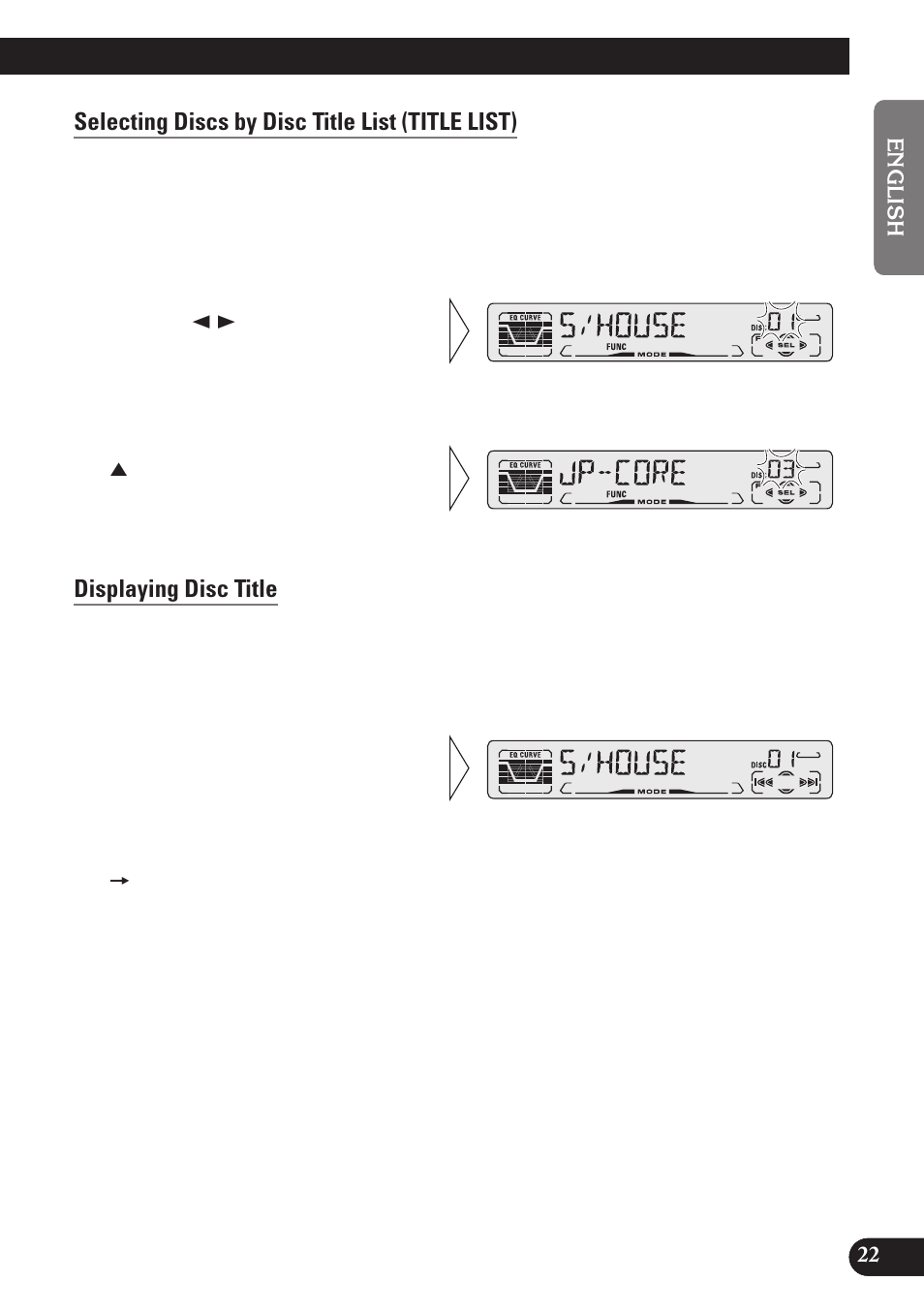 Selecting discs by disc title list (title list), Displaying disc title, A title (english) | Pioneer DEH-P4150 User Manual | Page 23 / 128