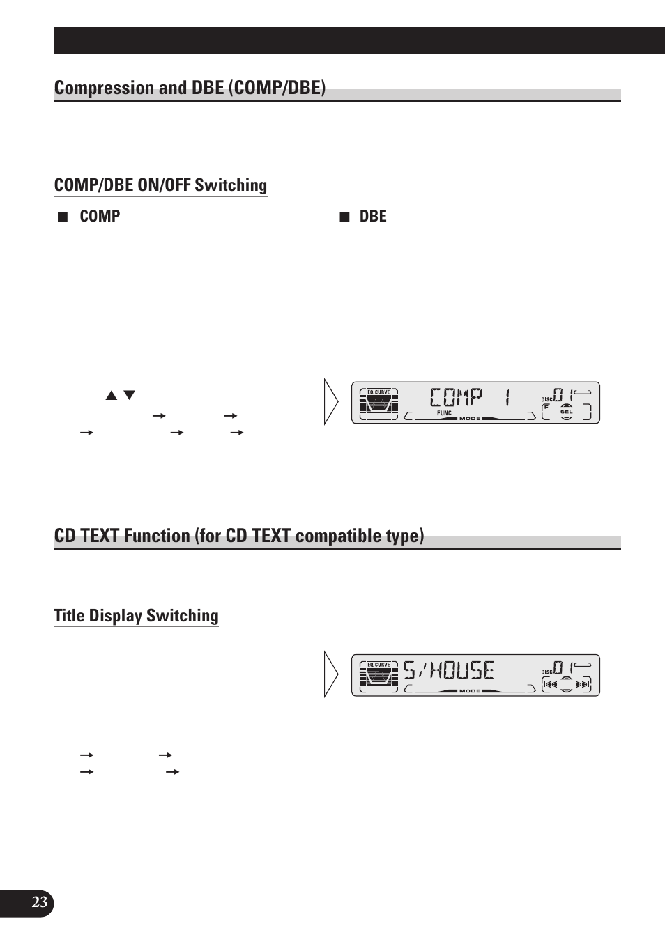 Compression and dbe (comp/dbe), Comp/dbe on/off switching, Cd text function | For cd text compatible type), Title display switching, Using multi-cd players, Cd text function (for cd text compatible type) | Pioneer DEH-P4150 User Manual | Page 24 / 128