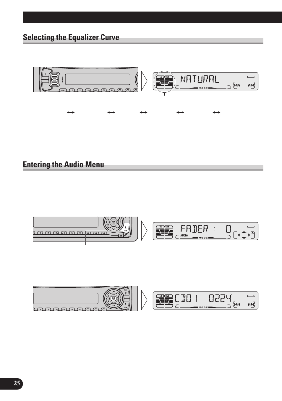 Audio adjustment, Selecting the equalizer curve, Entering the audio menu | Pioneer DEH-P4150 User Manual | Page 26 / 128