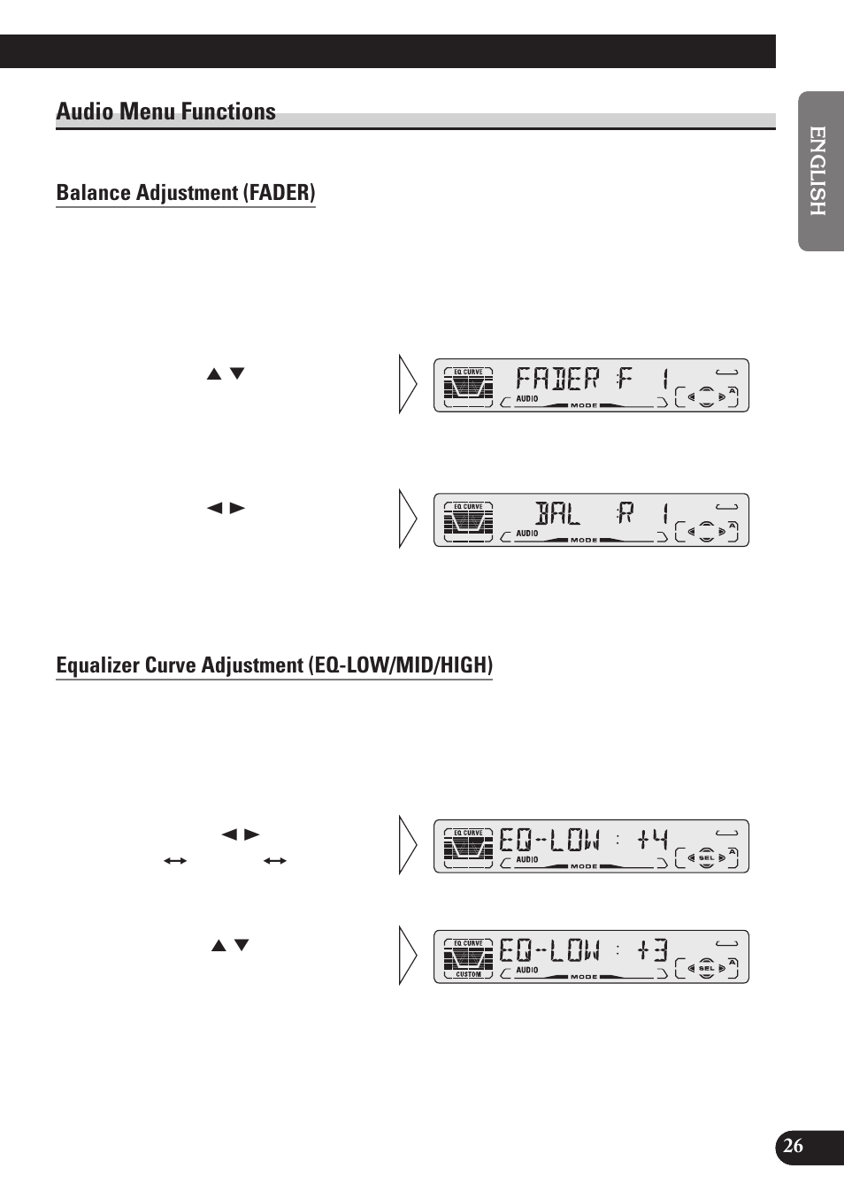 Audio menu functions, Balance adjustment (fader), Equalizer curve adjustment (eq-low/mid/high) | Pioneer DEH-P4150 User Manual | Page 27 / 128