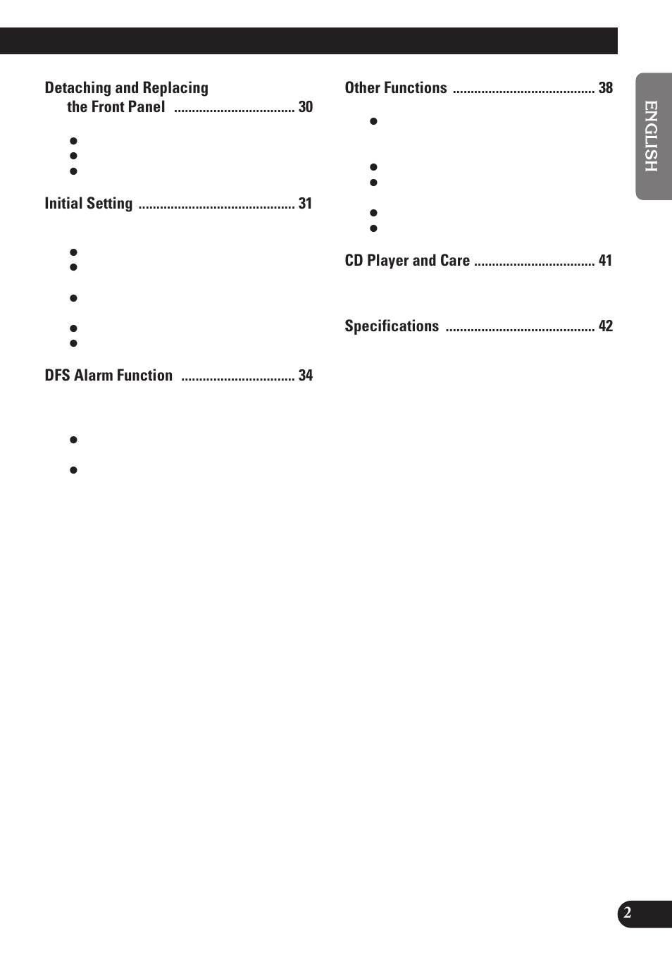 Detaching and replacing the front panel, Initial setting, Dfs alarm function | Other functions, Cd player and care | Pioneer DEH-P4150 User Manual | Page 3 / 128