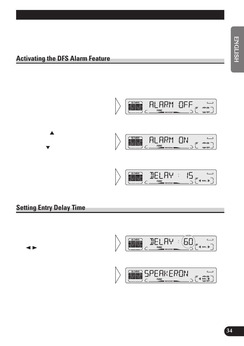 Dfs alarm function, Activating the dfs alarm feature, Setting entry delay time | Pioneer DEH-P4150 User Manual | Page 35 / 128