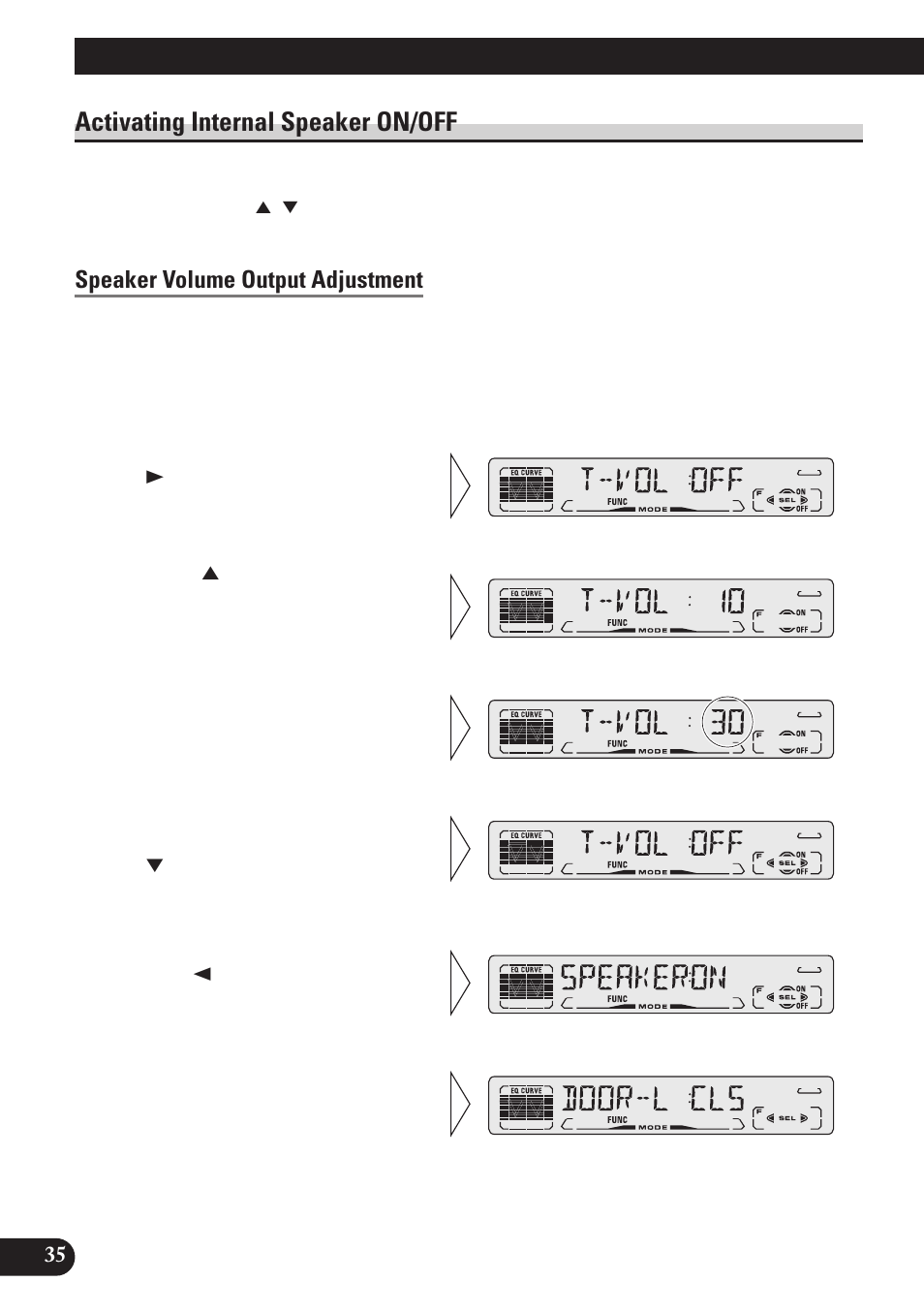 Activating internal speaker on/off, Speaker volume output adjustment, Dfs alarm function | Pioneer DEH-P4150 User Manual | Page 36 / 128