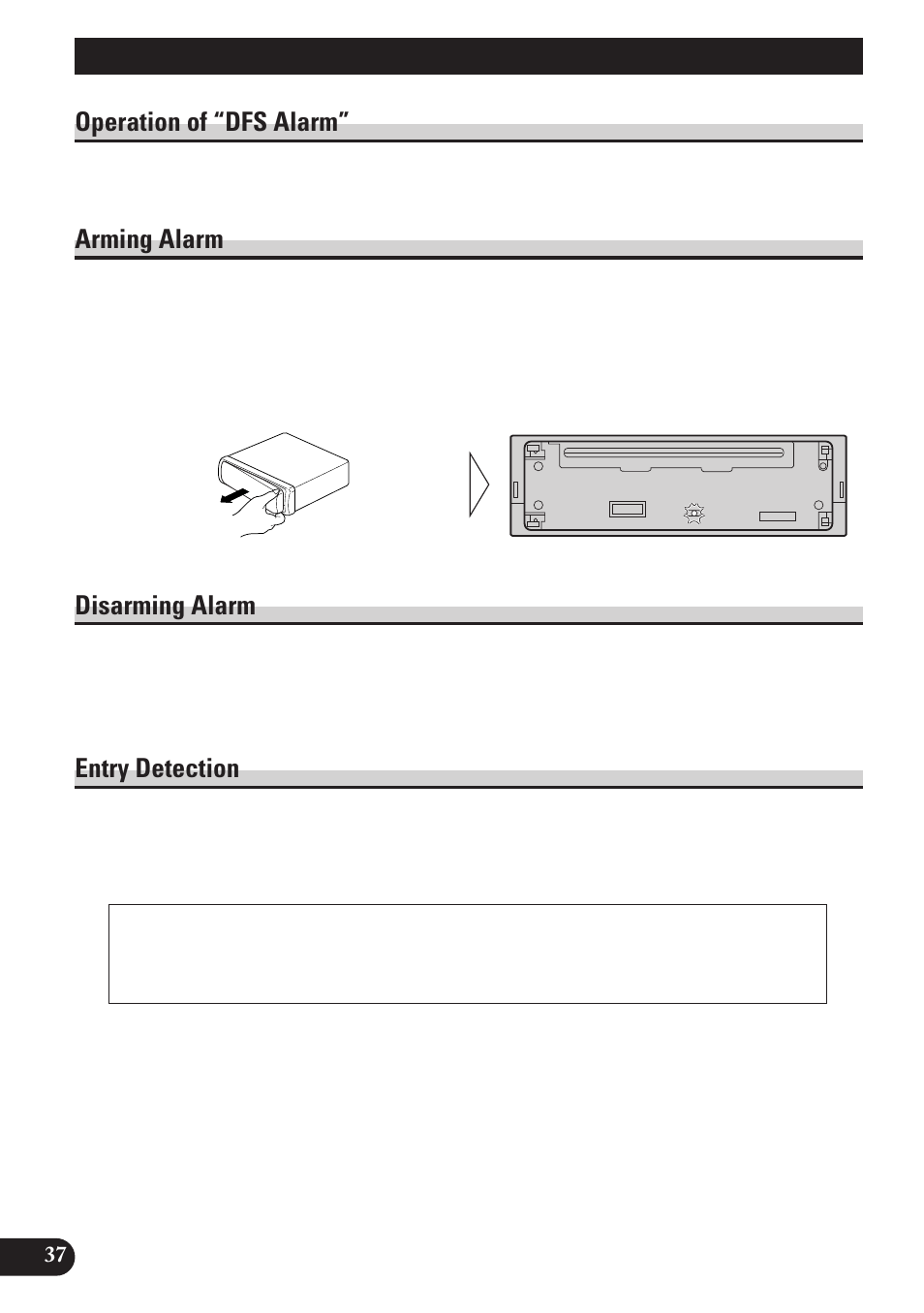 Operation of “dfs alarm, Arming alarm, Disarming alarm | Entry detection, A title (english) dfs alarm function | Pioneer DEH-P4150 User Manual | Page 38 / 128