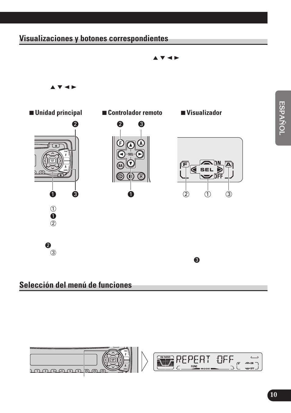 Visualizaciones y botones, Correspondientes, Selección del menú de funciones | Visualizaciones y botones correspondientes | Pioneer DEH-P4150 User Manual | Page 53 / 128