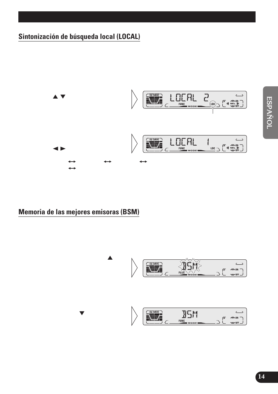 Operación del sintonizador, Sintonización de búsqueda local (local), Memoria de las mejores emisoras (bsm) | Pioneer DEH-P4150 User Manual | Page 57 / 128