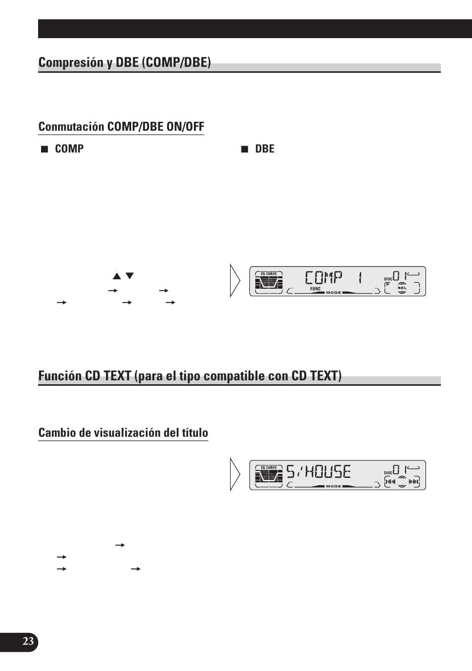Compresión y dbe (comp/dbe), Conmutación comp/dbe on/off, Función cd text (para el tipo | Compatible con cd text), Cambio de visualización del título, Uso de reproductores de multi-cd | Pioneer DEH-P4150 User Manual | Page 66 / 128