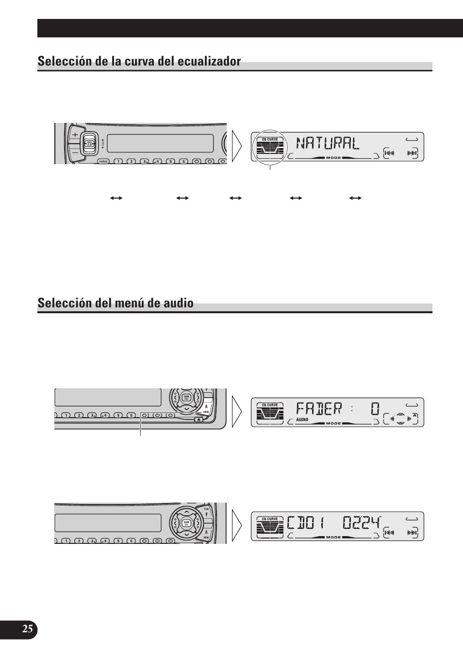 Ajuste de audio, Selección de la curva del ecualizador, Selección del menú de audio | Pioneer DEH-P4150 User Manual | Page 68 / 128