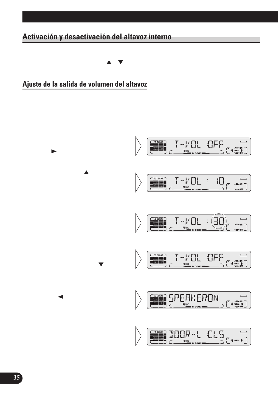 Activación y desactivación del altavoz, Interno, Ajuste de la salida de volumen del altavoz | Función de alarma dfs, Activación y desactivación del altavoz interno | Pioneer DEH-P4150 User Manual | Page 78 / 128