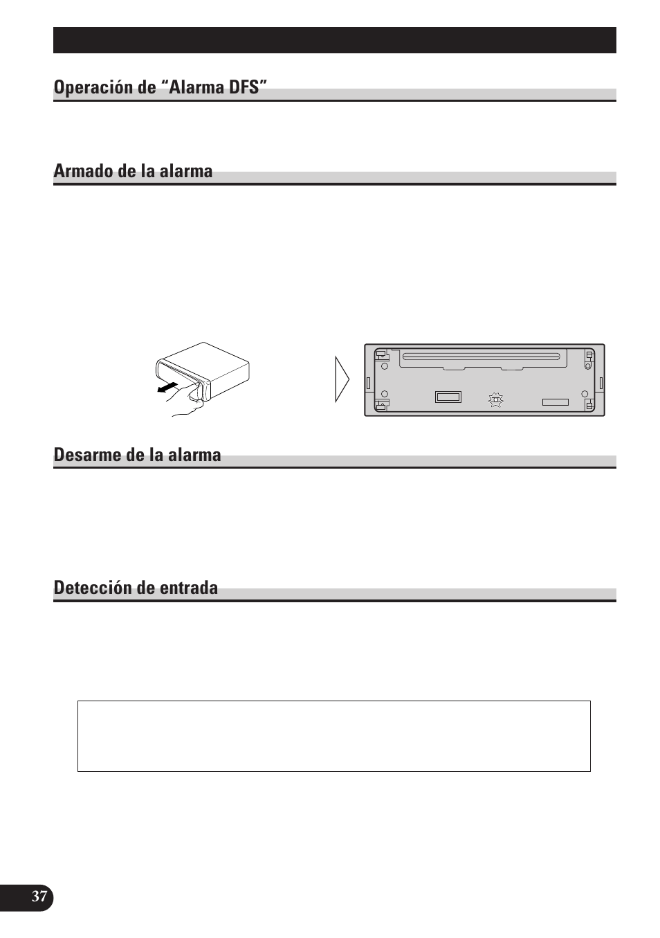Operación de “alarma dfs, Armado de la alarma, Desarme de la alarma | Detección de entrada, Función de alarma dfs | Pioneer DEH-P4150 User Manual | Page 80 / 128