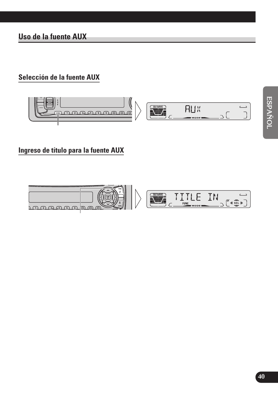 Uso de la fuente aux, Selección de la fuente aux, Ingreso de título para la fuente aux | Pioneer DEH-P4150 User Manual | Page 83 / 128