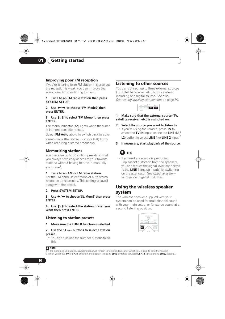 Getting started 01, Listening to other sources, Using the wireless speaker system | Improving poor fm reception, Listening to station presets | Pioneer XV-DV535 User Manual | Page 10 / 109