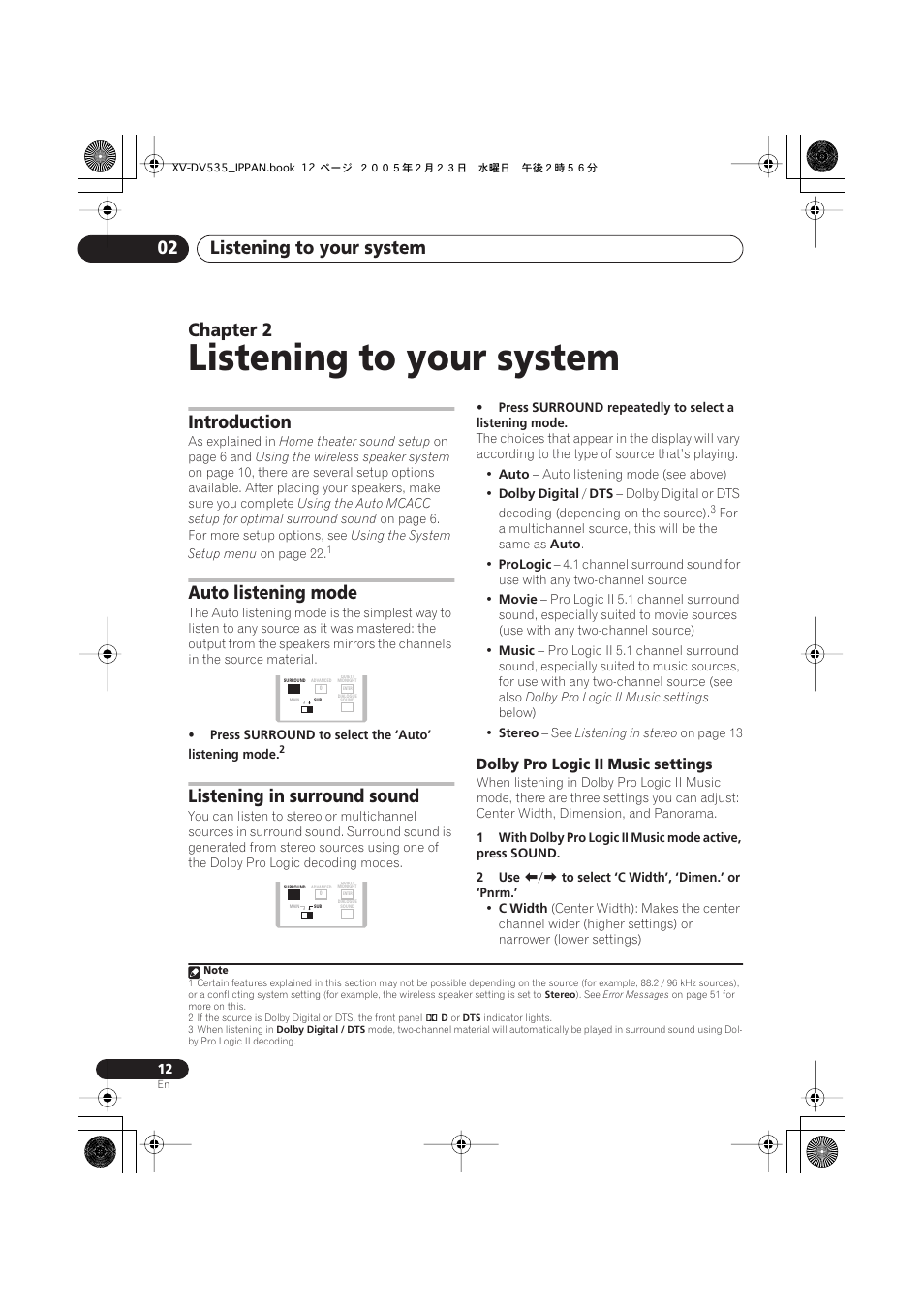 Listening to your system, Listening to your system 02, Chapter 2 | Introduction, Auto listening mode, Listening in surround sound, Dolby pro logic ii music settings | Pioneer XV-DV535 User Manual | Page 12 / 109