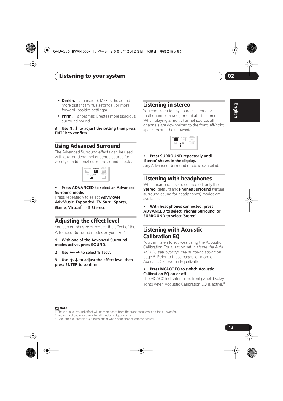 Listening to your system 02, Using advanced surround, Adjusting the effect level | Listening in stereo, Listening with headphones, Listening with acoustic calibration eq, English | Pioneer XV-DV535 User Manual | Page 13 / 109