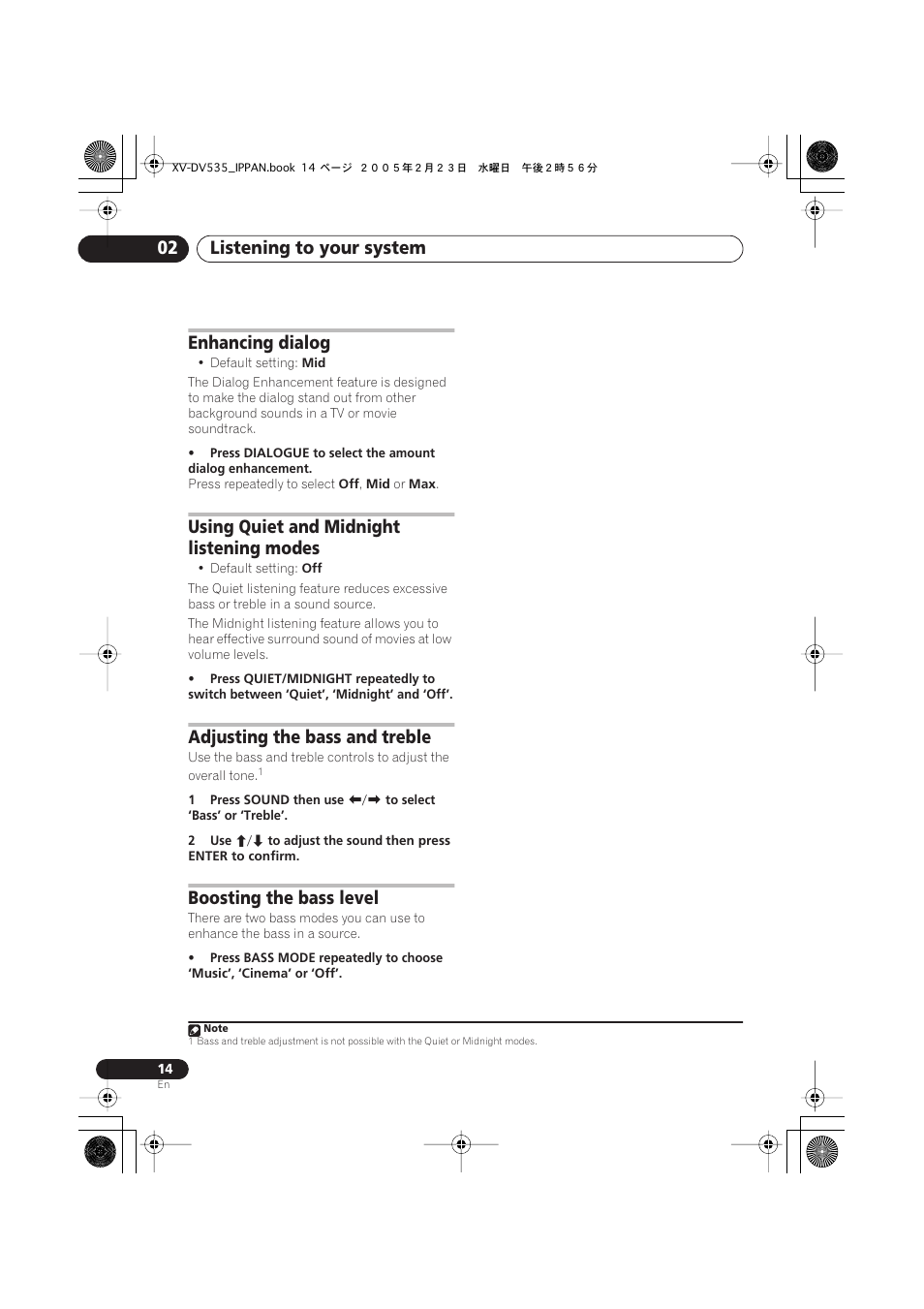 Listening to your system 02, Enhancing dialog, Using quiet and midnight listening modes | Adjusting the bass and treble, Boosting the bass level | Pioneer XV-DV535 User Manual | Page 14 / 109