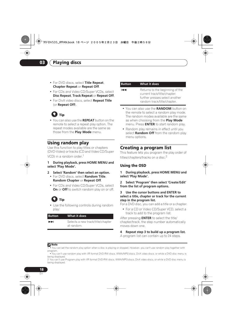 Playing discs 03, Using random play, Creating a program list | Pioneer XV-DV535 User Manual | Page 18 / 109