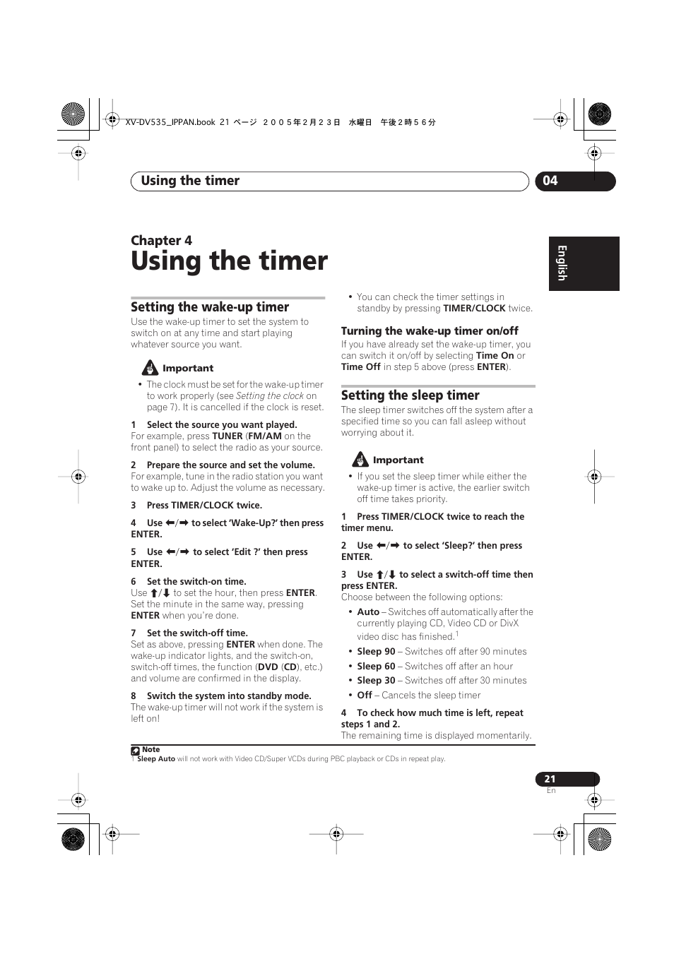 Using the timer, Using the timer 04, Chapter 4 | Setting the wake-up timer, Setting the sleep timer | Pioneer XV-DV535 User Manual | Page 21 / 109