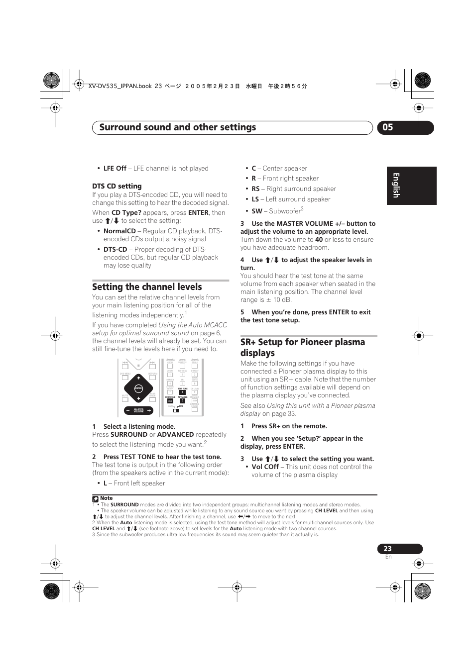 Surround sound and other settings 05, Setting the channel levels, Sr+ setup for pioneer plasma displays | English | Pioneer XV-DV535 User Manual | Page 23 / 109