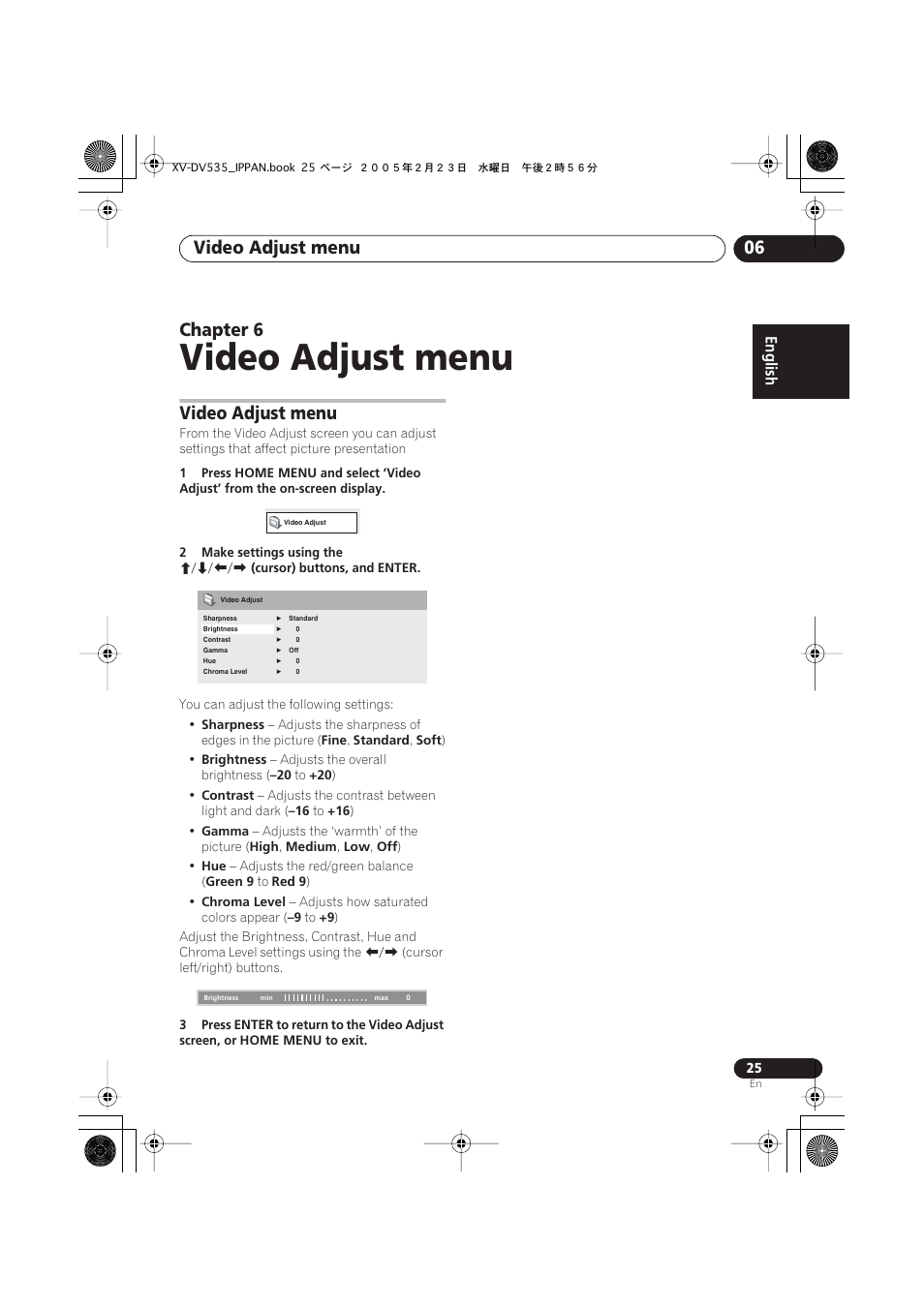 Video adjust menu, Video adjust menu 06, Chapter 6 | Pioneer XV-DV535 User Manual | Page 25 / 109