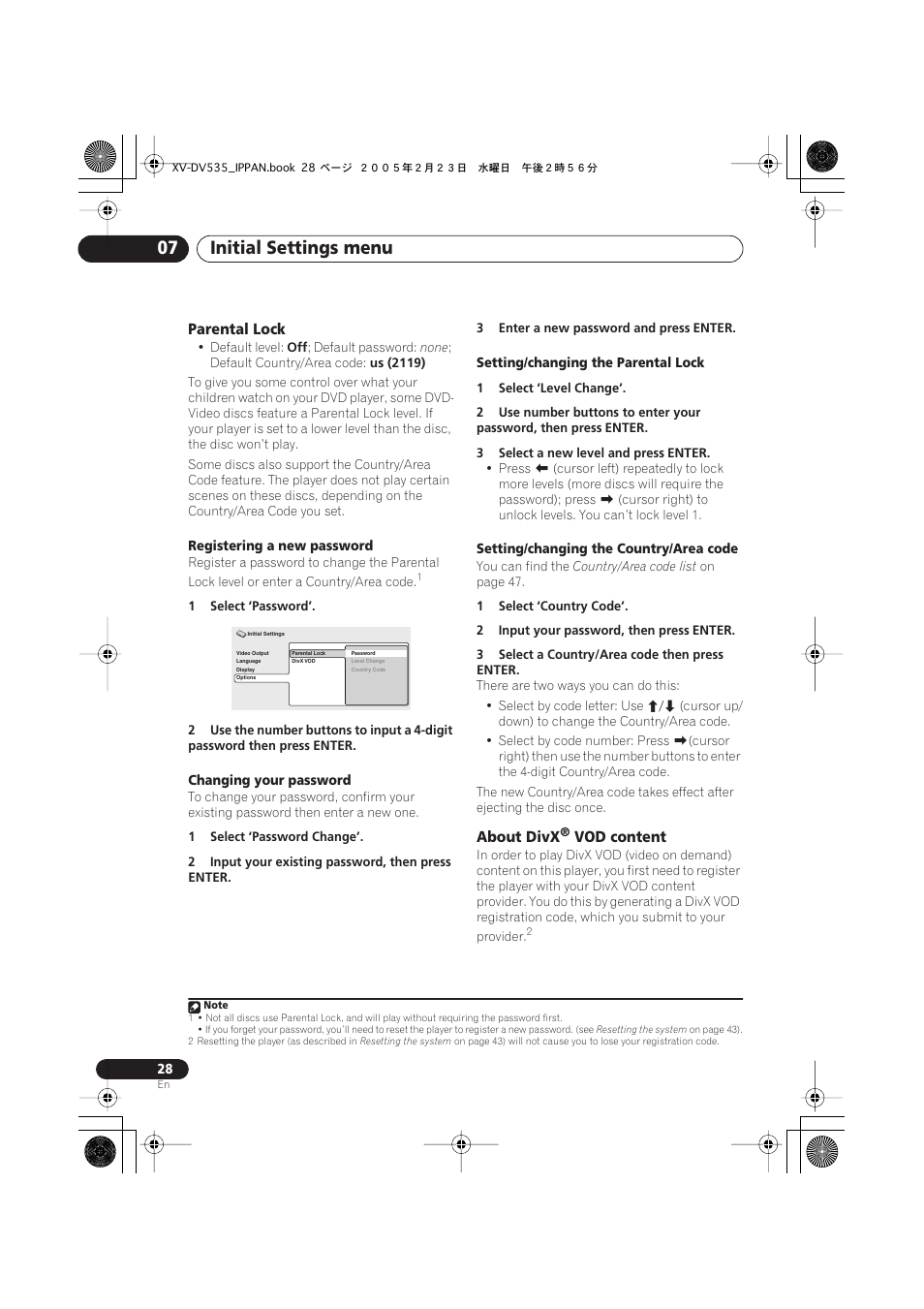 Parental lock, About divx® vod content, Initial settings menu 07 | About divx, Vod content | Pioneer XV-DV535 User Manual | Page 28 / 109