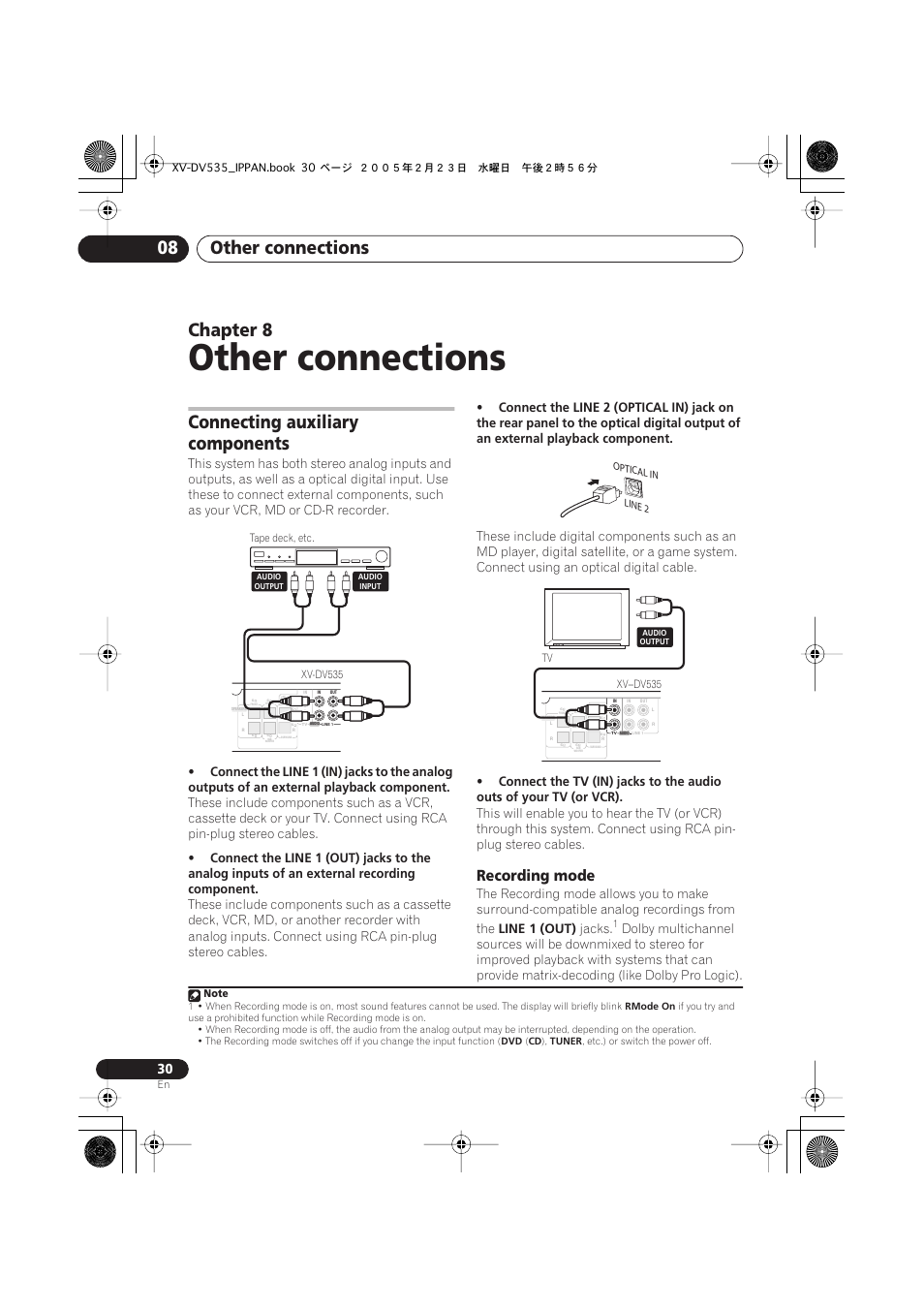 08 other connections, Connecting auxiliary components, Recording mode | Other connections, Other connections 08, Chapter 8 | Pioneer XV-DV535 User Manual | Page 30 / 109