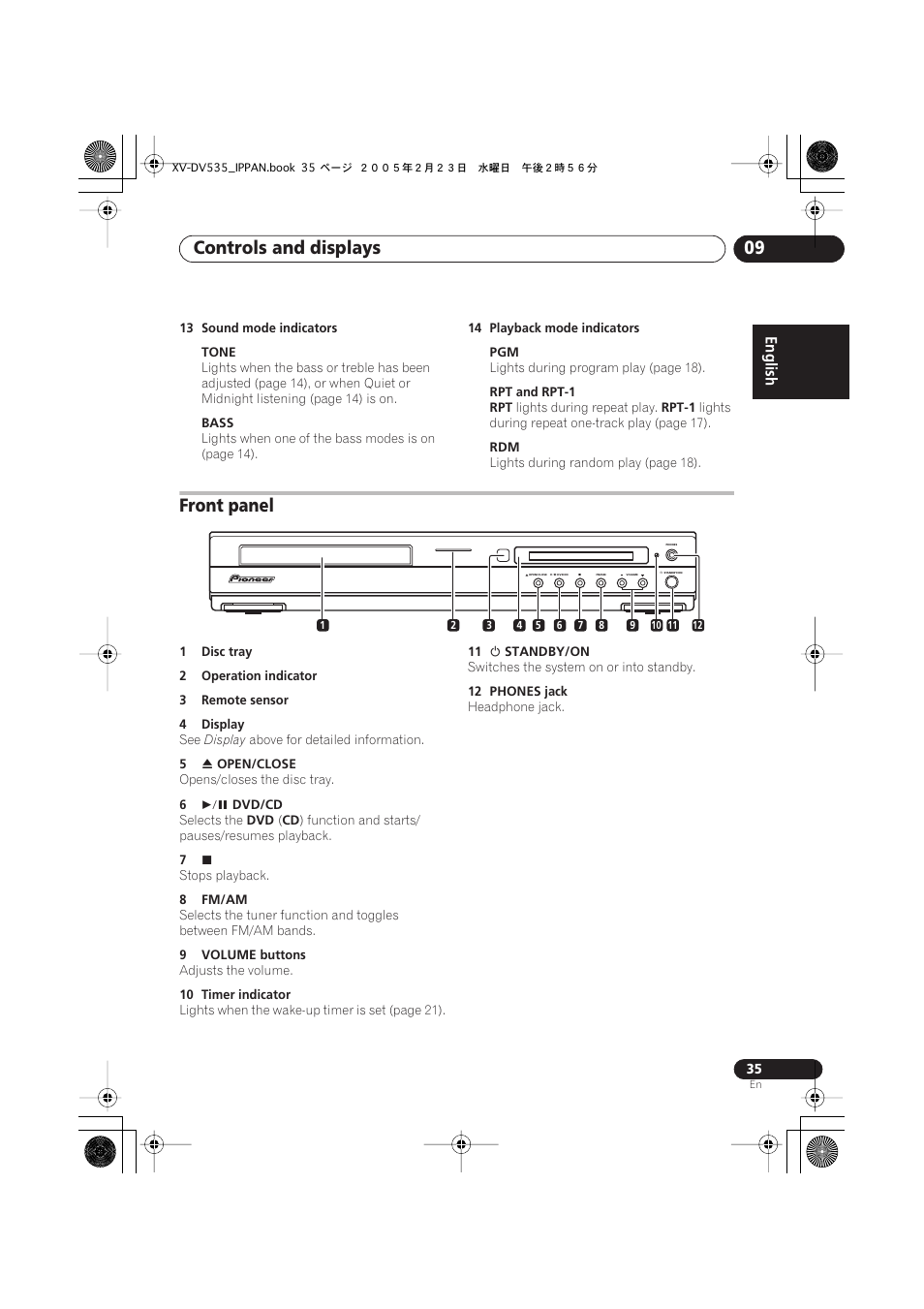 Front panel, Controls and displays 09, English | Pioneer XV-DV535 User Manual | Page 35 / 109