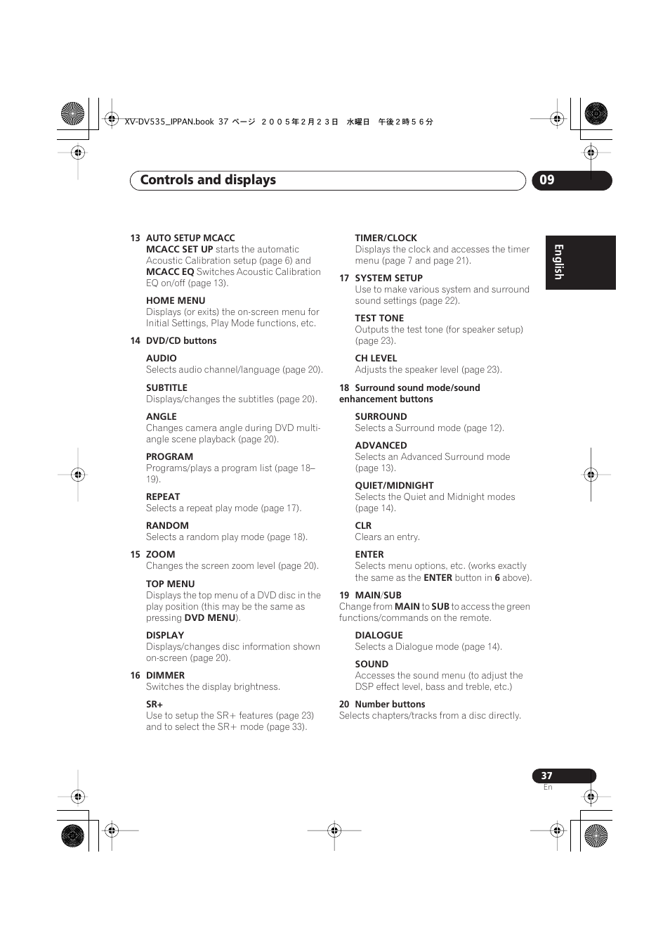 Controls and displays 09 | Pioneer XV-DV535 User Manual | Page 37 / 109