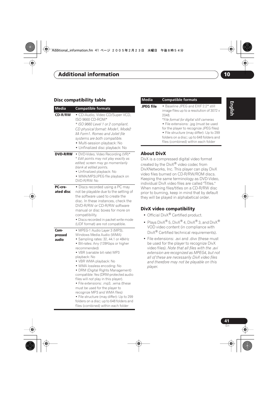 Disc compatibility table, About divx, Divx video compatibility | Additional information 10 | Pioneer XV-DV535 User Manual | Page 41 / 109