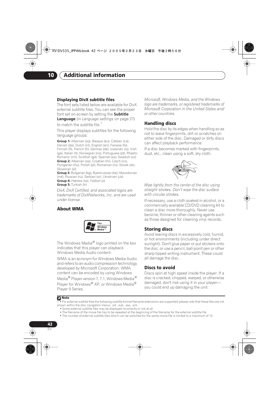 About wma, Handling discs, Storing discs | Discs to avoid, Additional information 10 | Pioneer XV-DV535 User Manual | Page 42 / 109