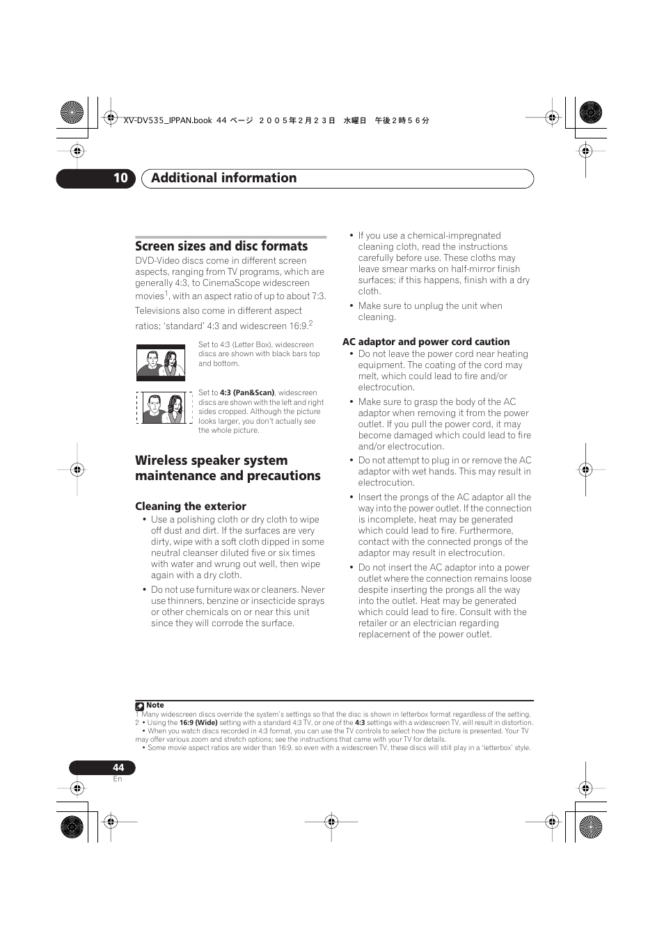 Screen sizes and disc formats, Cleaning the exterior, Additional information 10 | Pioneer XV-DV535 User Manual | Page 44 / 109