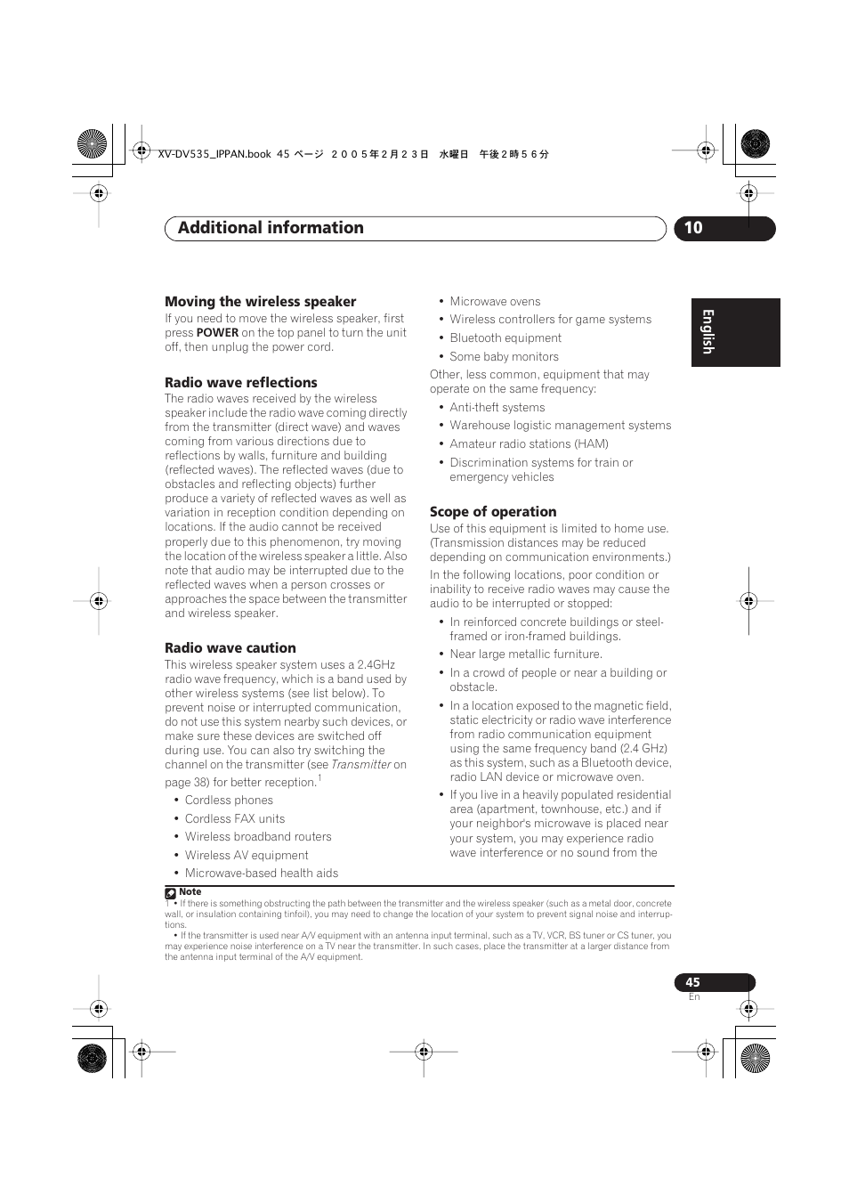 Moving the wireless speaker, Radio wave reflections, Radio wave caution | Scope of operation, Additional information 10 | Pioneer XV-DV535 User Manual | Page 45 / 109