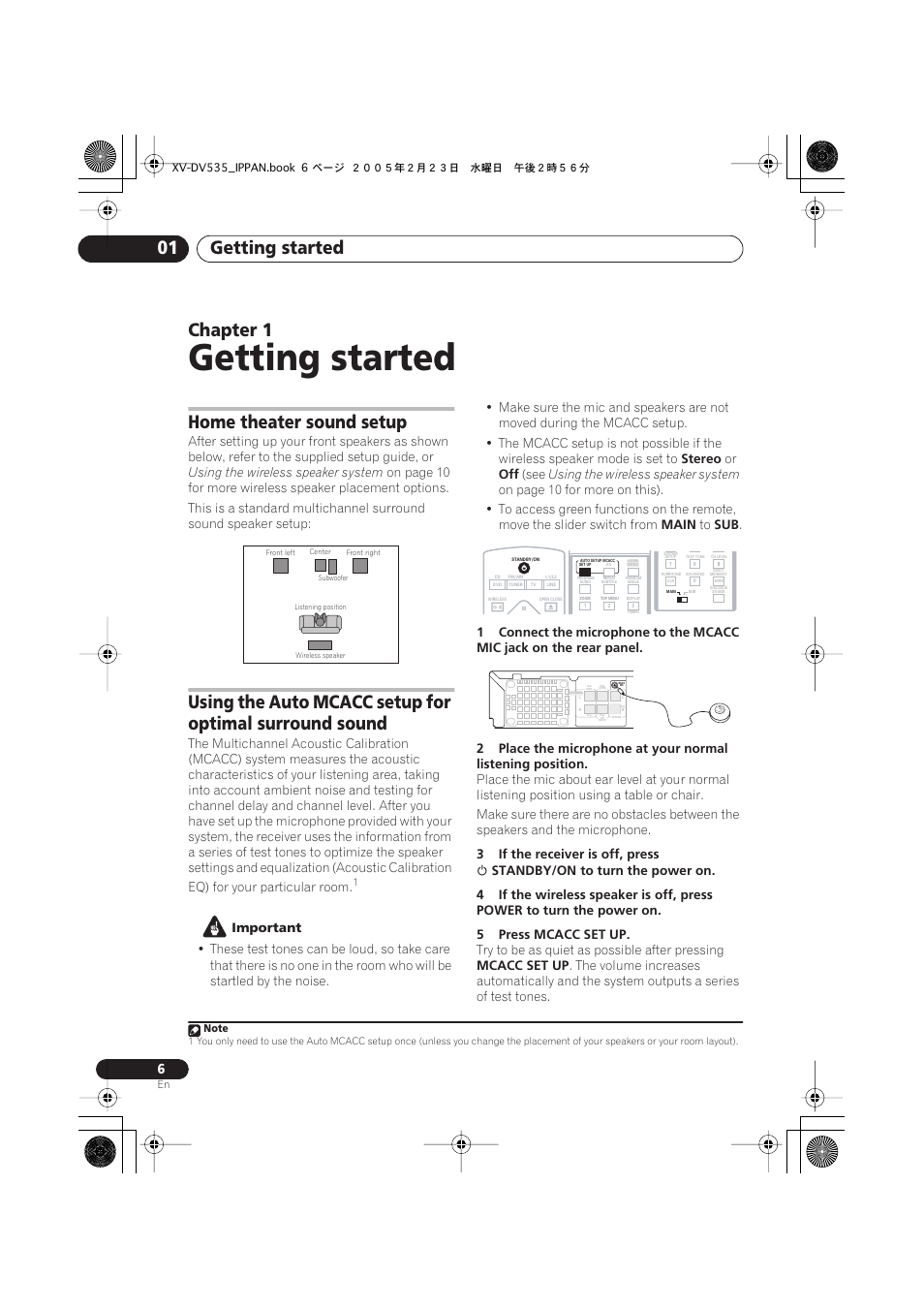 Getting started, Getting started 01, Chapter 1 | Home theater sound setup, Using the wireless speaker system, Important, Stereo, Main, 3if the receiver is off, press, Try to be as quiet as possible after pressing | Pioneer XV-DV535 User Manual | Page 6 / 109