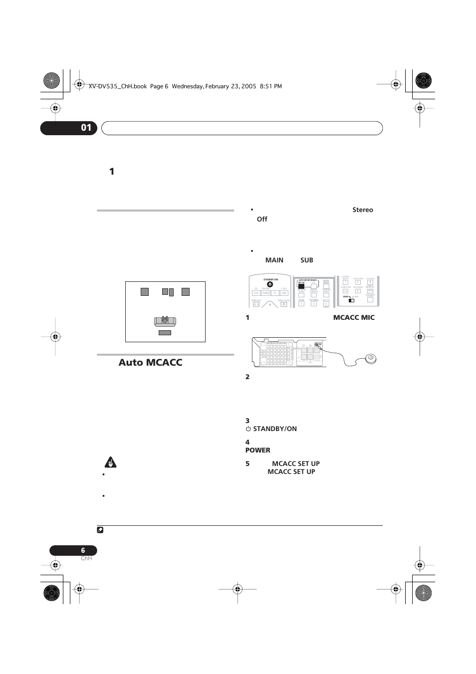 1 auto mcacc, Stereo, Main | Mcacc mic, Standby/on, Power, Mcacc set up | Pioneer XV-DV535 User Manual | Page 60 / 109