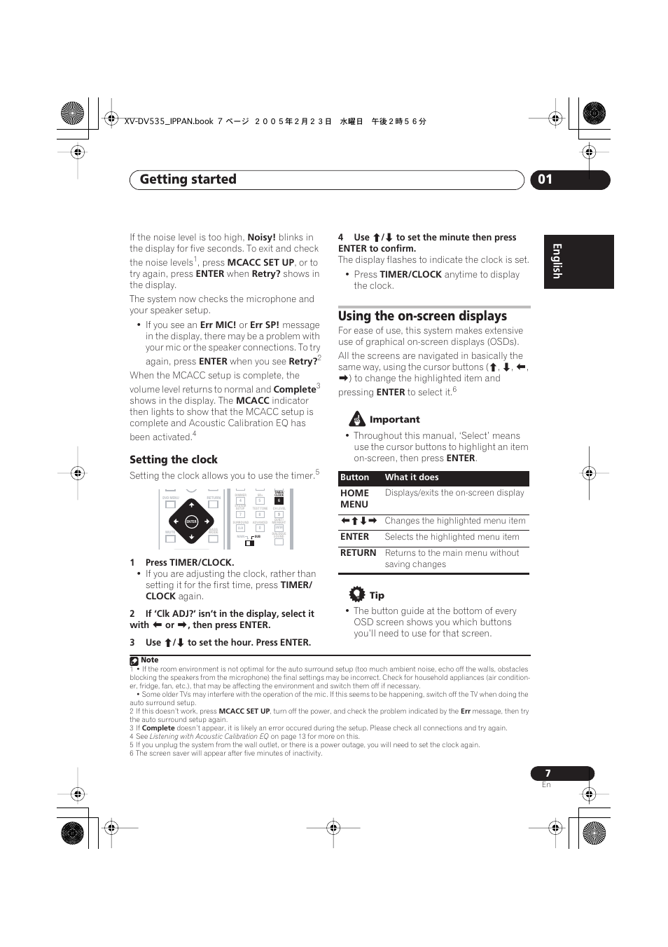 Getting started 01, Using the on-screen displays, English | Setting the clock | Pioneer XV-DV535 User Manual | Page 7 / 109