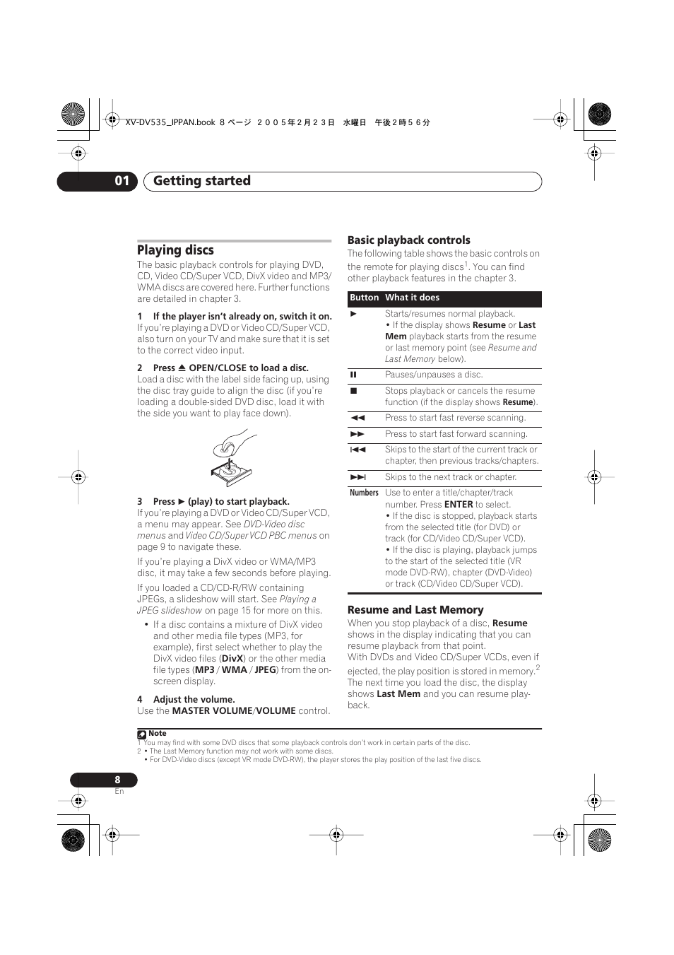 Getting started 01, Playing discs | Pioneer XV-DV535 User Manual | Page 8 / 109