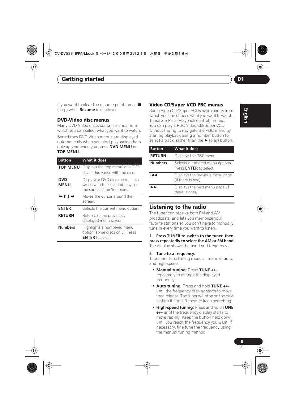 Getting started 01, Listening to the radio | Pioneer XV-DV535 User Manual | Page 9 / 109