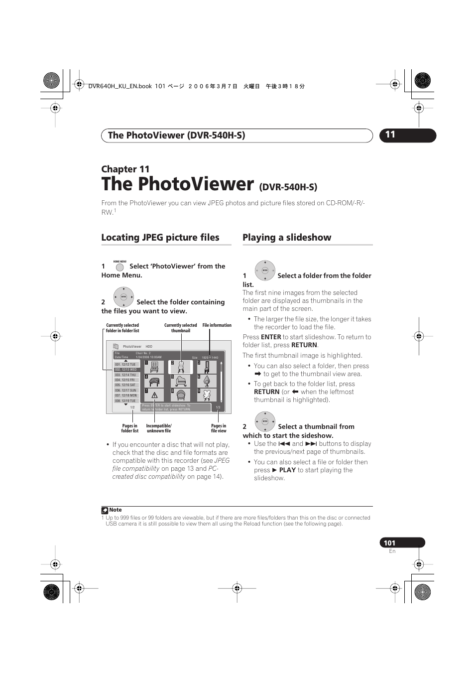 11 the photoviewer (dvr-540h-s), Locating jpeg picture files, Playing a slideshow | The photoviewer, Chapter 11, Dvr-540h-s) | Pioneer DVR-540H-S User Manual | Page 101 / 135