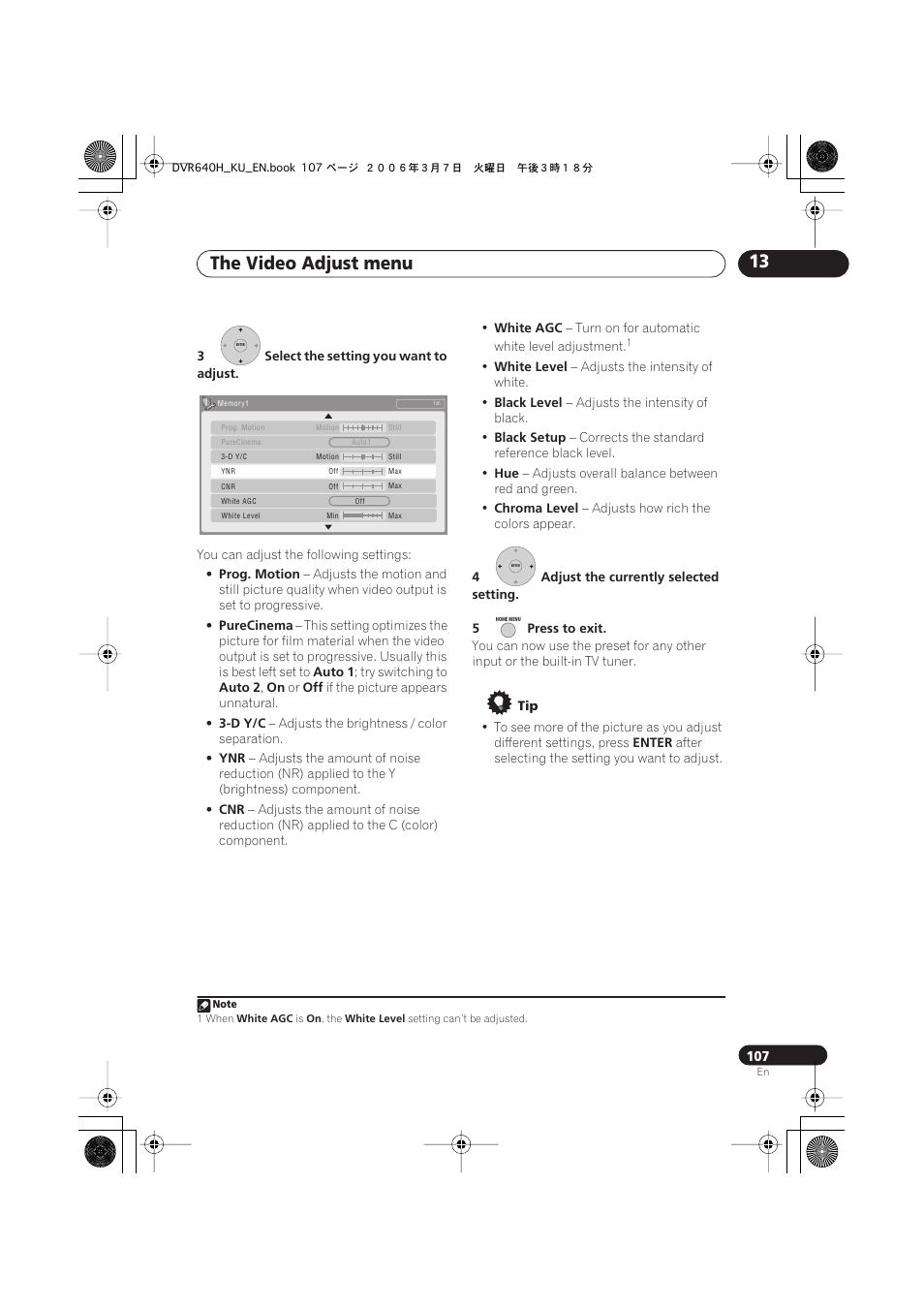 The video adjust menu 13 | Pioneer DVR-540H-S User Manual | Page 107 / 135