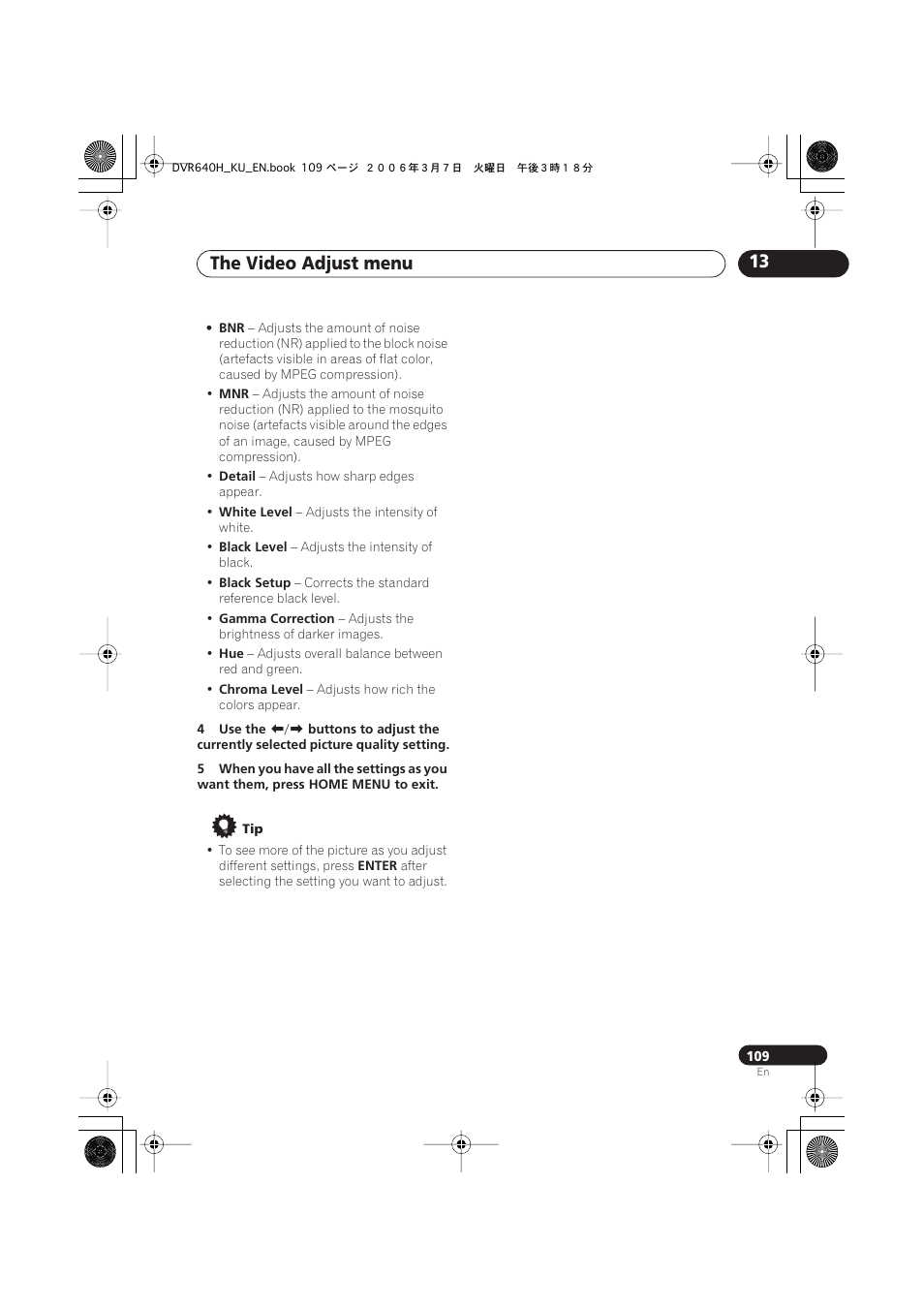 The video adjust menu 13 | Pioneer DVR-540H-S User Manual | Page 109 / 135