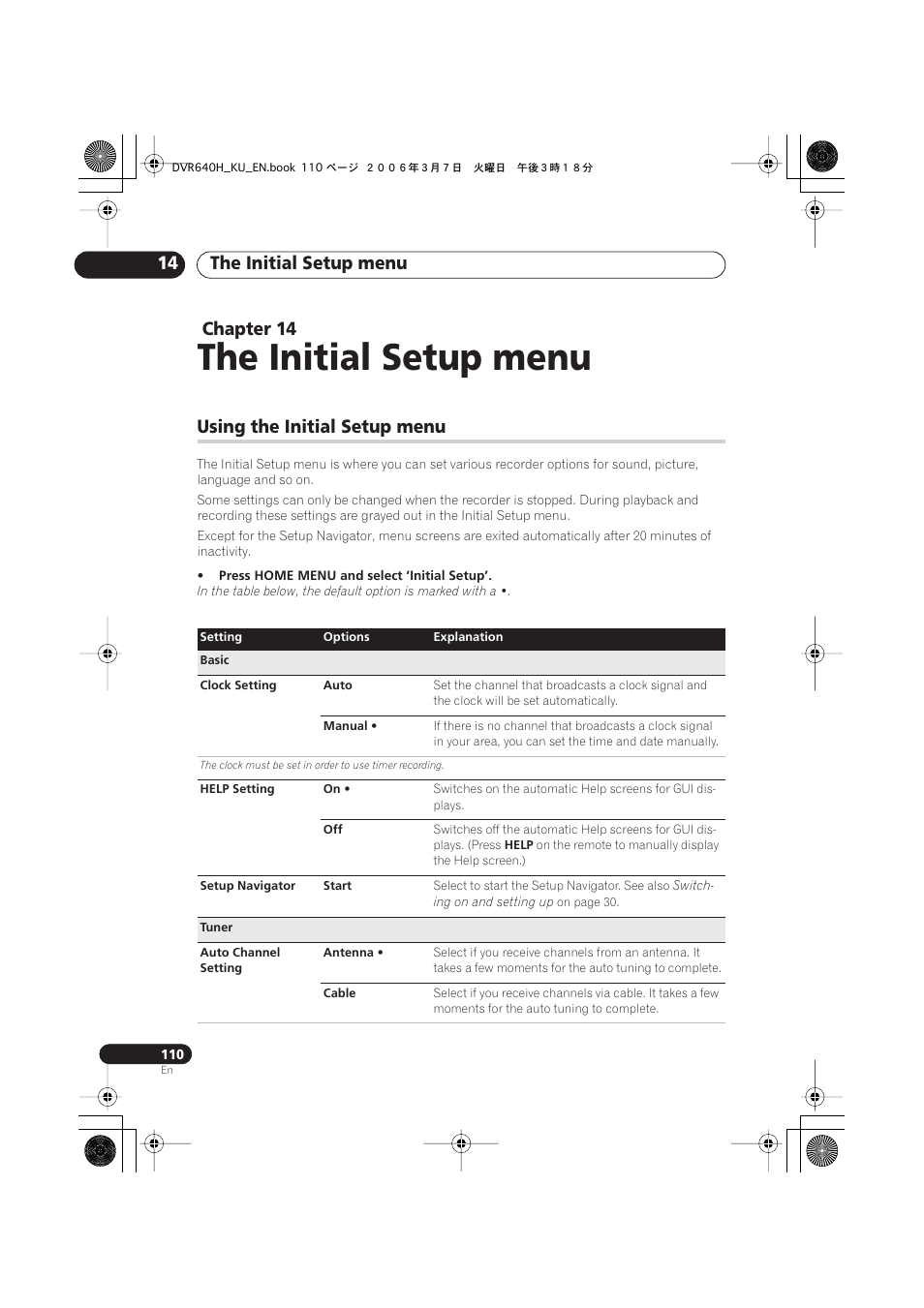 14 the initial setup menu, Using the initial setup menu, The initial setup menu | The initial setup menu 14, Chapter 14 | Pioneer DVR-540H-S User Manual | Page 110 / 135
