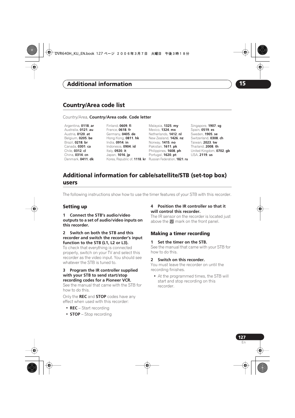 Country/area code list, Additional information 15, Users | Setting up, Making a timer recording | Pioneer DVR-540H-S User Manual | Page 127 / 135