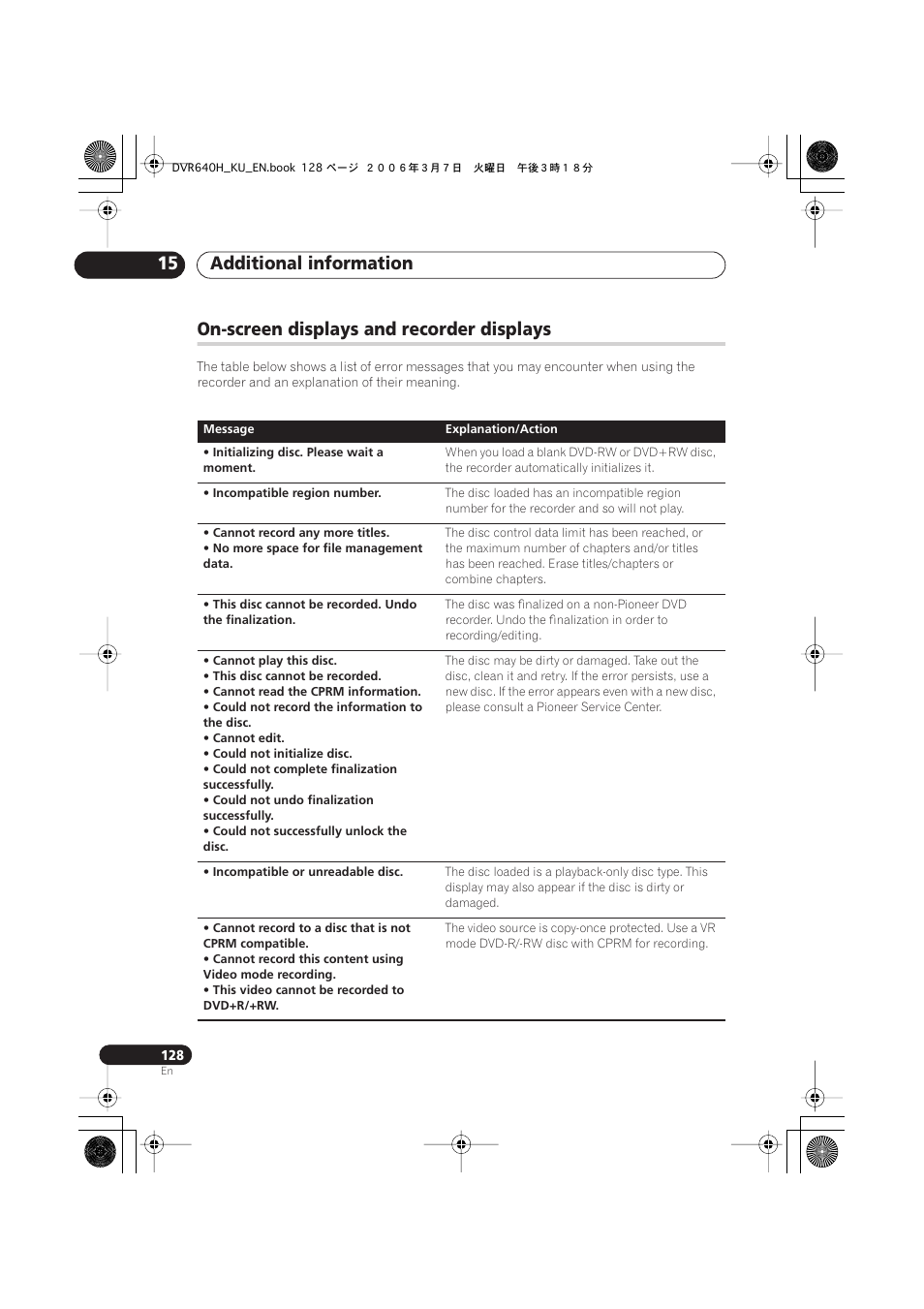 On-screen displays and recorder displays, Additional information 15 | Pioneer DVR-540H-S User Manual | Page 128 / 135