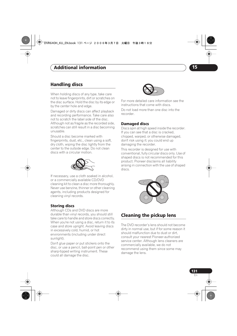 Handling discs, Cleaning the pickup lens, Additional information 15 | Pioneer DVR-540H-S User Manual | Page 131 / 135