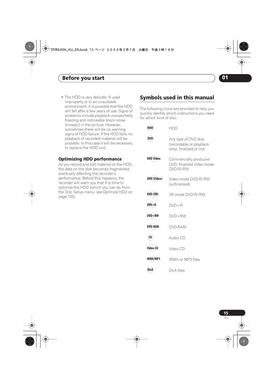 Symbols used in this manual, Before you start 01 | Pioneer DVR-540H-S User Manual | Page 15 / 135