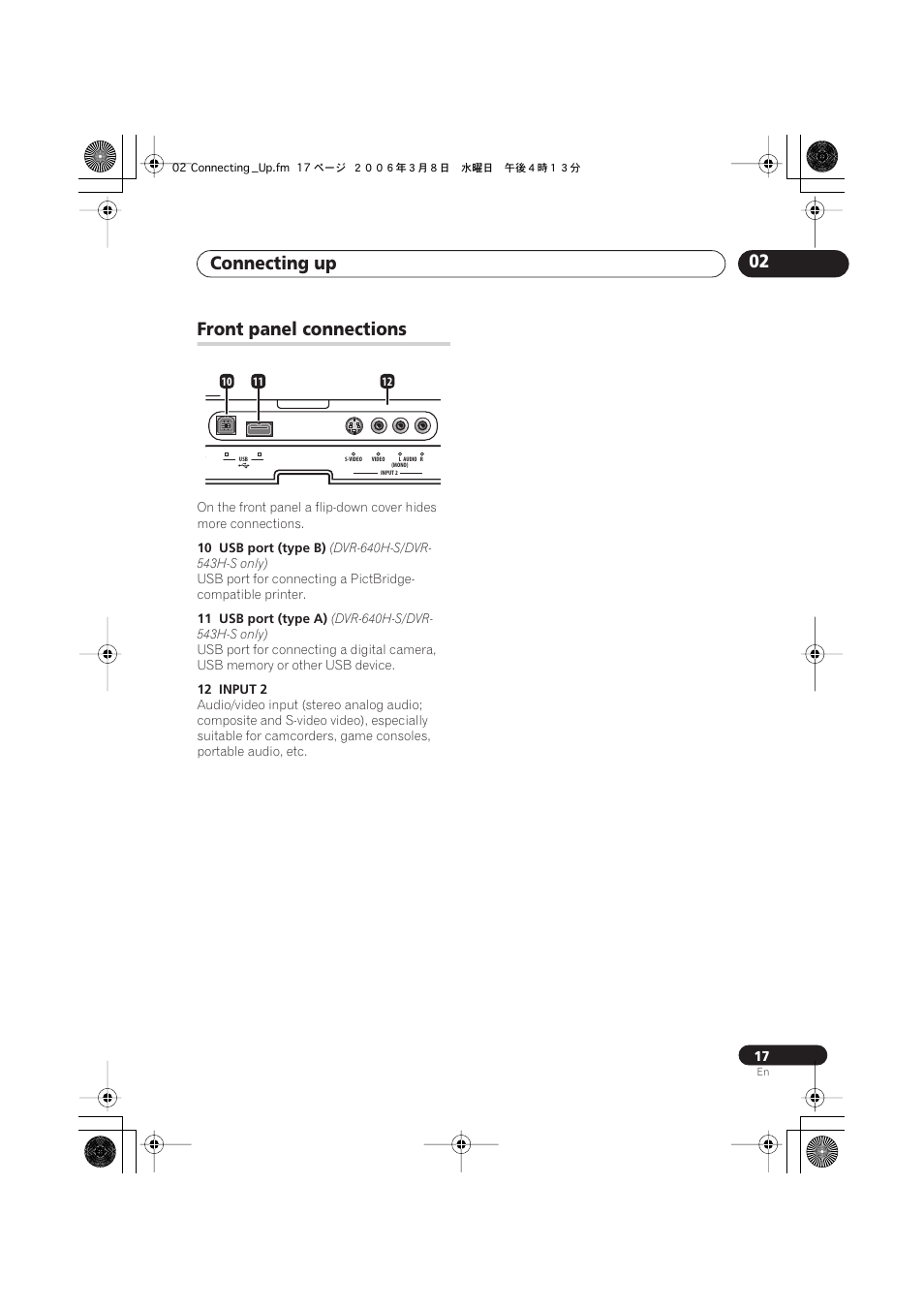 Front panel connections, Connecting up 02 | Pioneer DVR-540H-S User Manual | Page 17 / 135