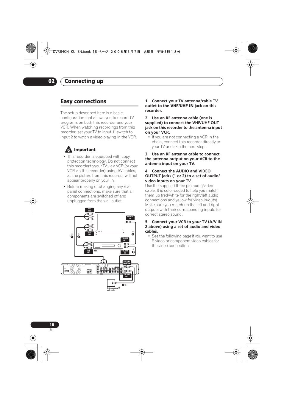 Easy connections, Connecting up 02, Coaxial in | Output 2 output 1, Input 3 input 1 / auto start rec | Pioneer DVR-540H-S User Manual | Page 18 / 135