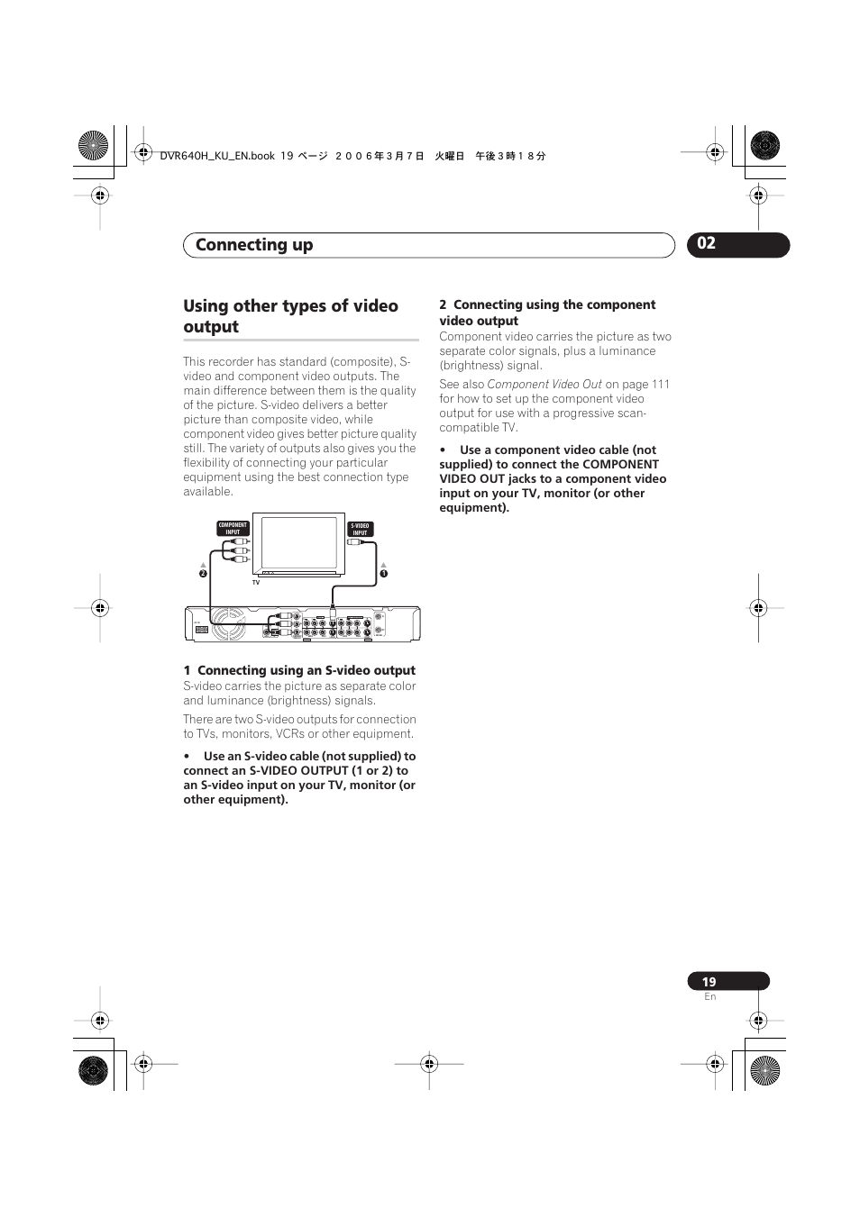 Using other types of video output, Connecting up 02, Using other types of video | Output, 1 connecting using an s-video output, 2 connecting using the component video output, Coaxial in, Component video out | Pioneer DVR-540H-S User Manual | Page 19 / 135