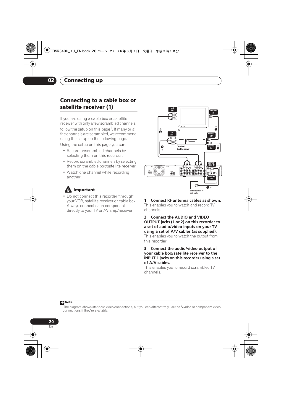 Connecting up 02, Connecting to a cable box or, Satellite receiver (1) | Coaxial in, Important, 1connect rf antenna cables as shown, This enables you to watch and record tv channels, This enables you to record scrambled tv channels | Pioneer DVR-540H-S User Manual | Page 20 / 135