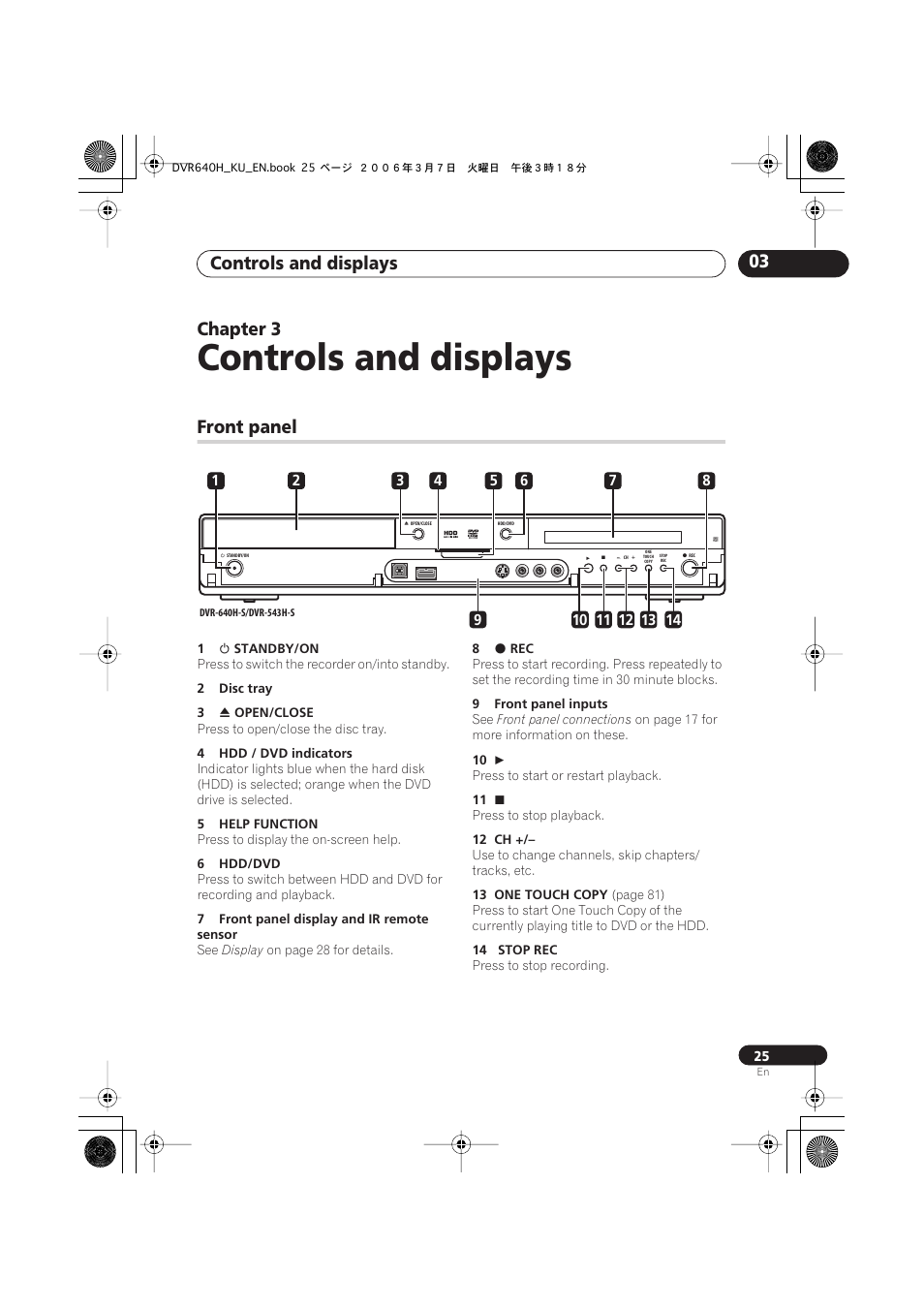 03 controls and displays, Front panel, Controls and displays | Controls and displays 03, Chapter 3 | Pioneer DVR-540H-S User Manual | Page 25 / 135